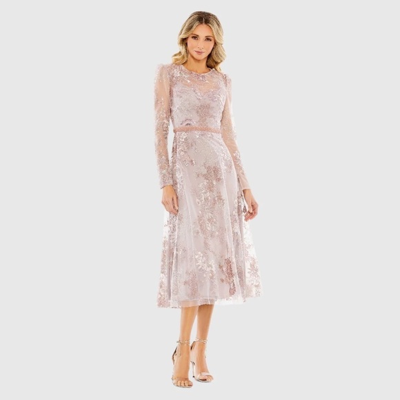 Mac Duggal 68020 NWT Embellished Illusion Long Sleeve Midi Dress in Rose - Picture 2 of 12